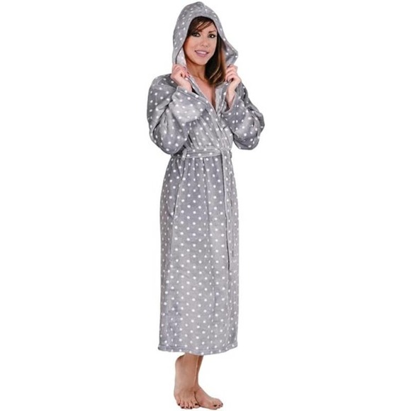 Hoodie Robe Plush Hooded Robe Spa Bathrobe Hoody Robe Long Robe Gray Polka Dot - Picture 1 of 3